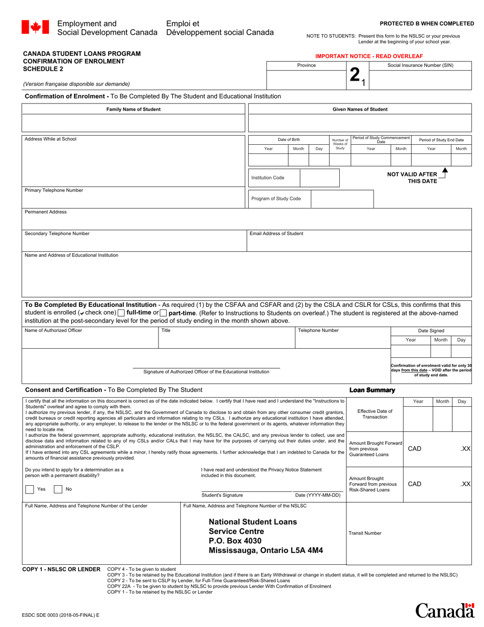 Form ESDC SDE0003 Schedule 2 Canada Student Loans Program Confirmation of Enrolment - Canada, Page 1