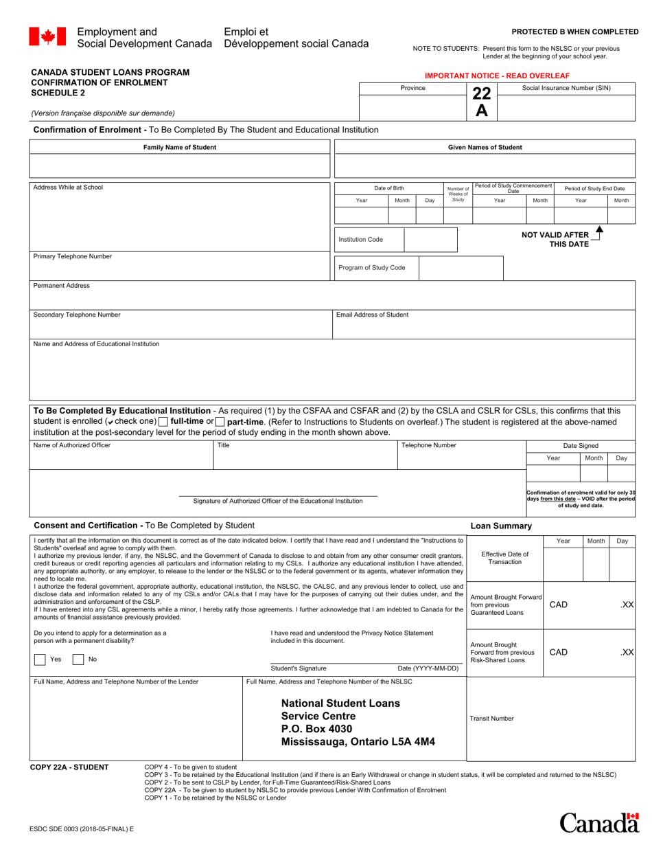 Form ESDC SDE0003 Schedule 2 Canada Student Loans Program Confirmation of Enrolment - Canada, Page 2
