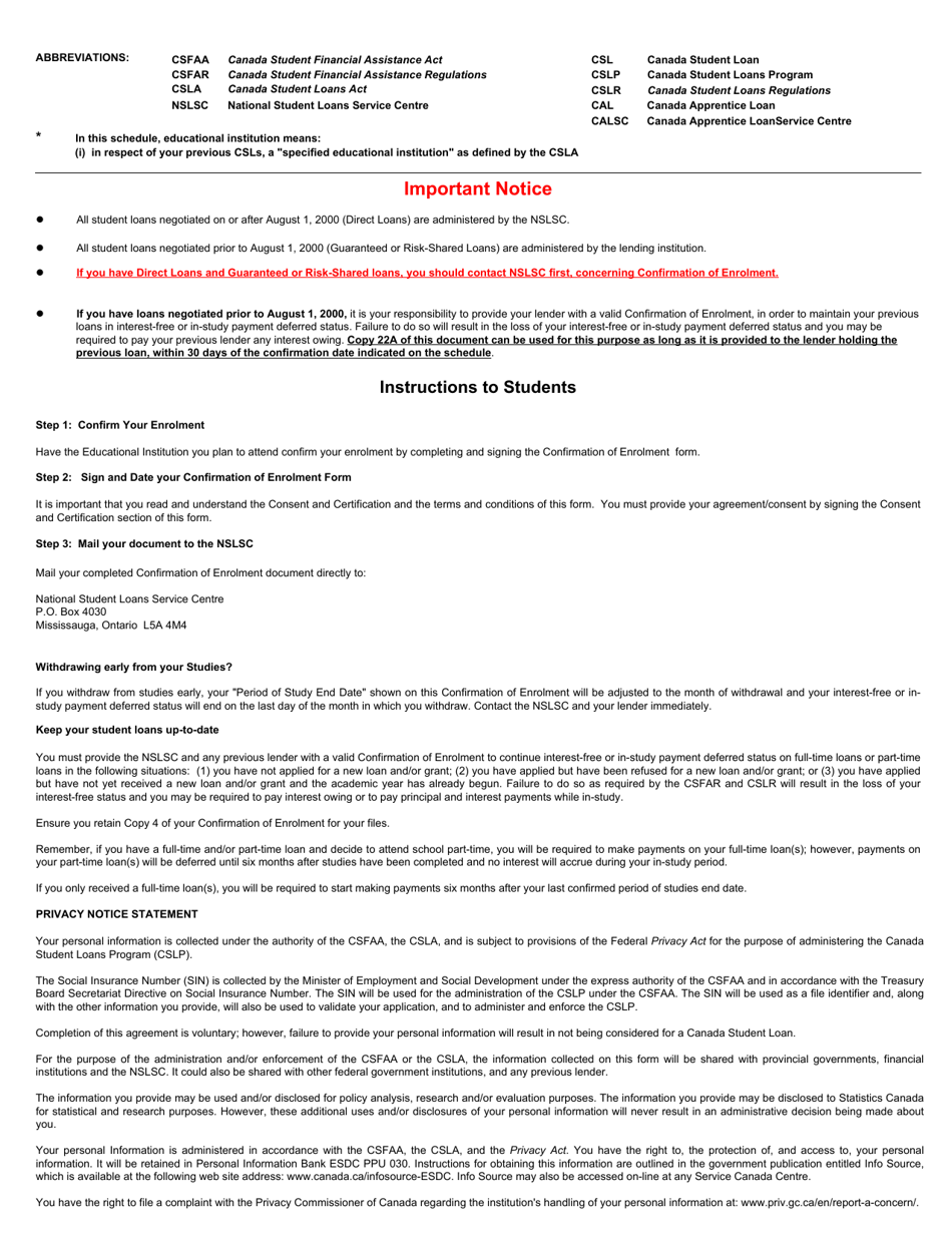 Form ESDC SDE0003 Schedule 2 Canada Student Loans Program Confirmation of Enrolment - Canada, Page 6