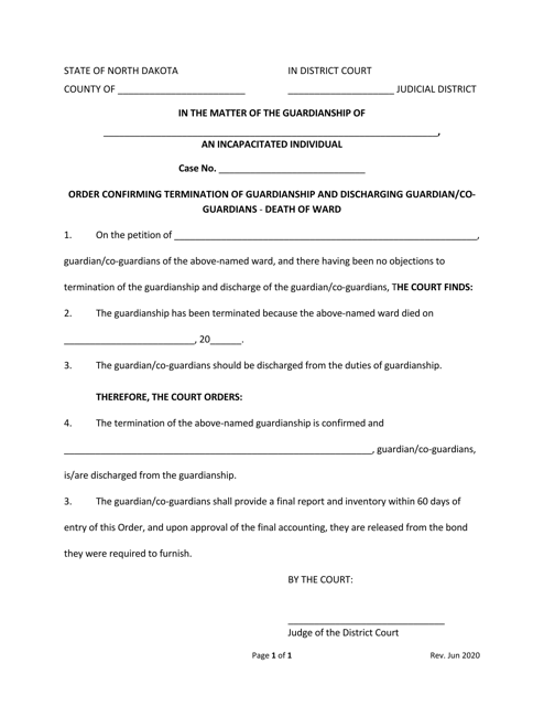 Order Confirming Termination of Guardianship and Discharging Guardian/Coguardians - Death of Ward - North Dakota
