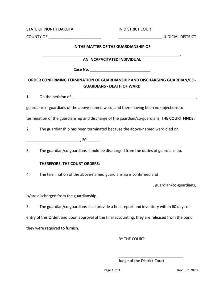 Order Confirming Termination of Guardianship and Discharging Guardian / Coguardians - Death of Ward - North Dakota, Page 1
