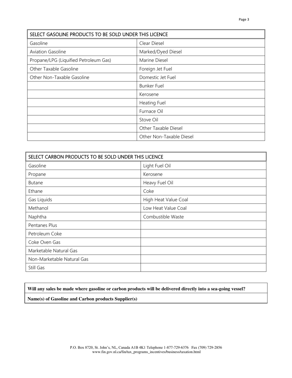 Registration Information for Applicants of a Gasoline and Carbon Products Retailer Licence Under the Revenue Administration Act - Newfoundland and Labrador, Canada, Page 3
