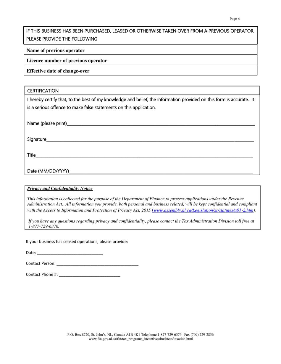 Registration Information for Applicants of a Gasoline and Carbon Products Retailer Licence Under the Revenue Administration Act - Newfoundland and Labrador, Canada, Page 4
