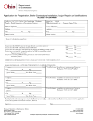 Document preview: Form DIC19-0002 Application for Registration, Boiler Contractors Installation, Major Repairs or Modifications - Ohio