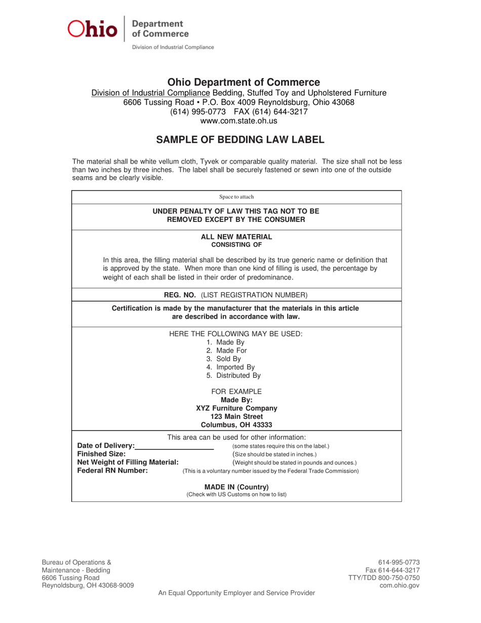 Ohio Sample of Bedding Law Label Fill Out, Sign Online and Download