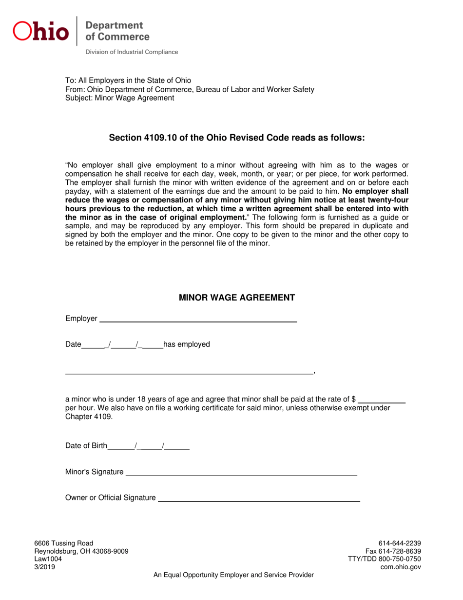 Minor Wage Agreement - Ohio, Page 1