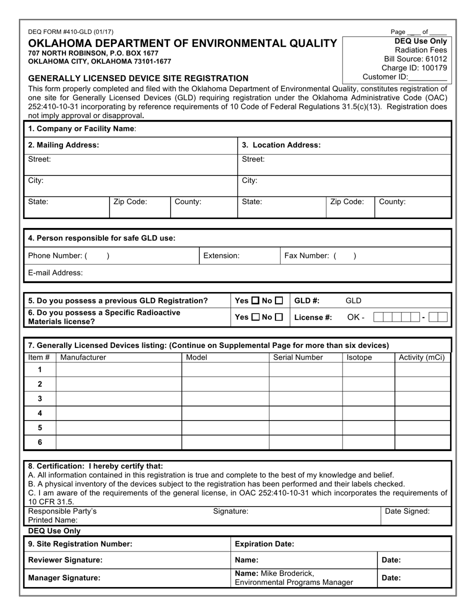 DEQ Form 410-GLD Generally Licensed Device Site Registration - Oklahoma, Page 1