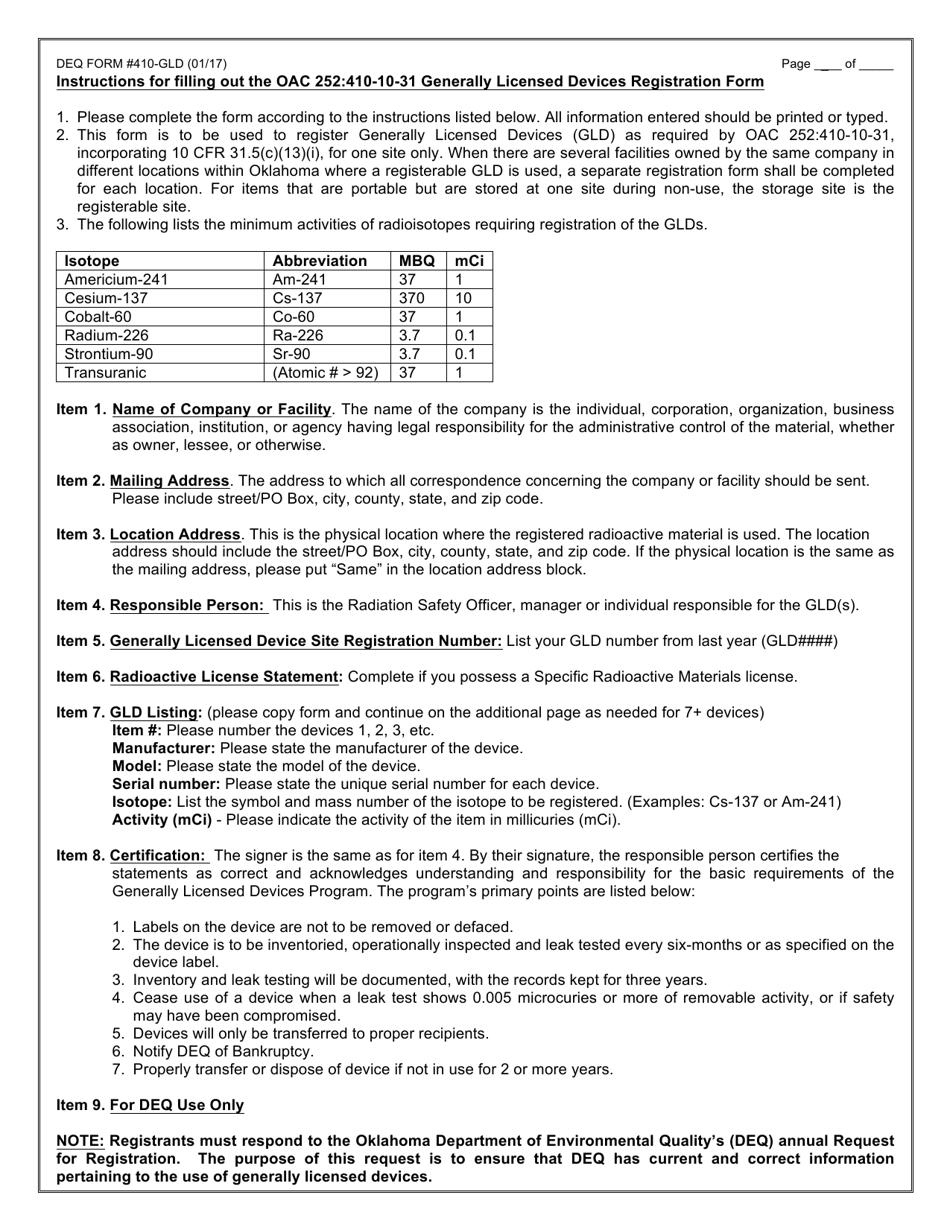 DEQ Form 410-GLD Generally Licensed Device Site Registration - Oklahoma, Page 3