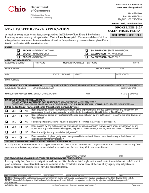 Form COM3664 Real Estate Retake Application - Ohio