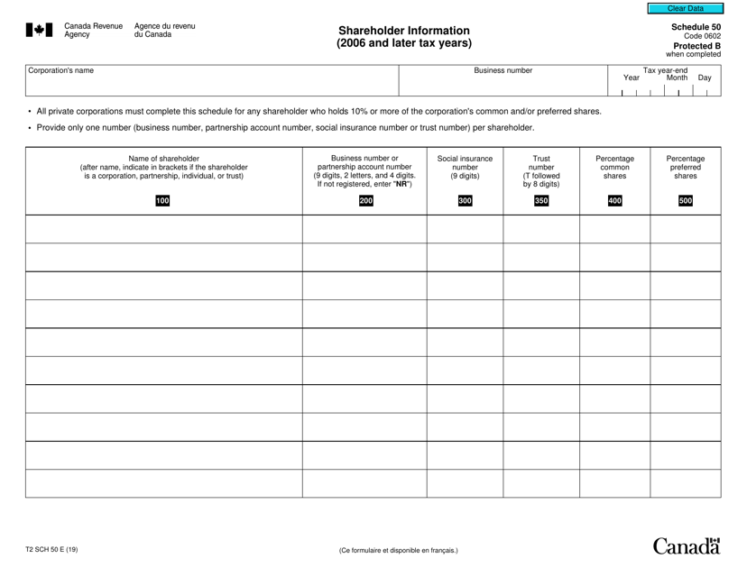 Form T2 Schedule 50 Shareholder Information (2006 and Later Tax Years) - Canada