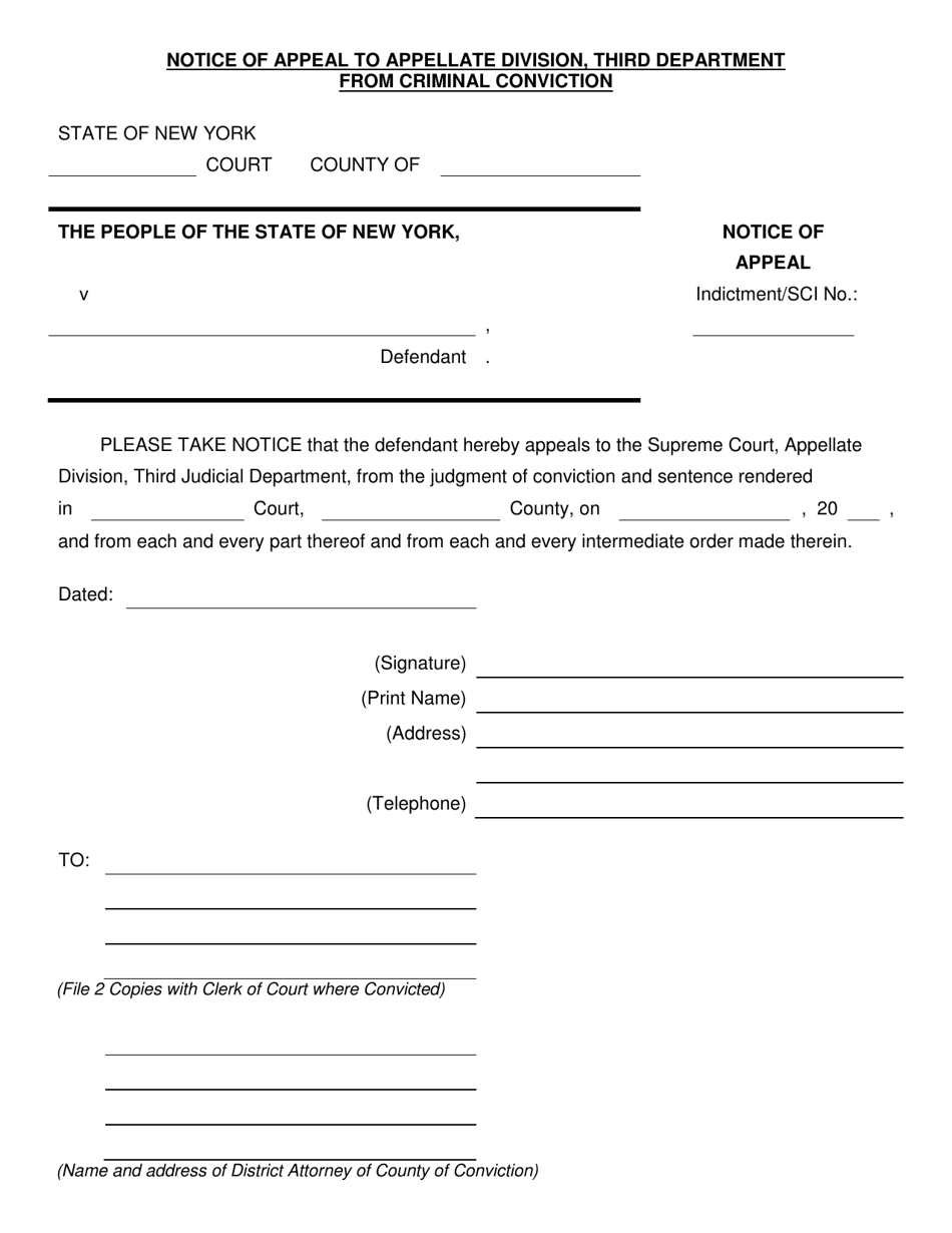Notice of Appeal to Appellate Division, Third Department From Criminal Conviction - New York, Page 1