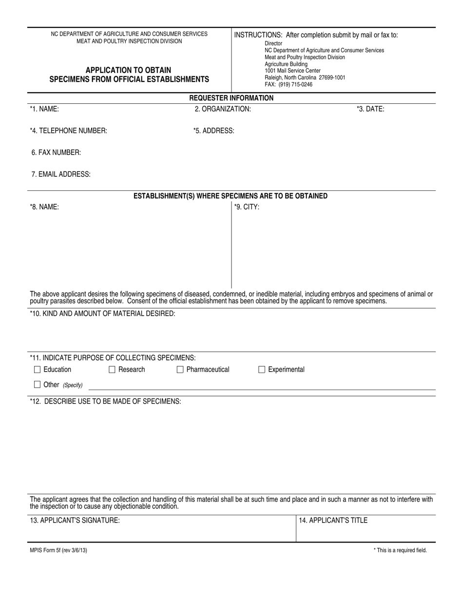 MPIS Form 5F Application to Obtain Specimens From Official Establishments - North Carolina, Page 1
