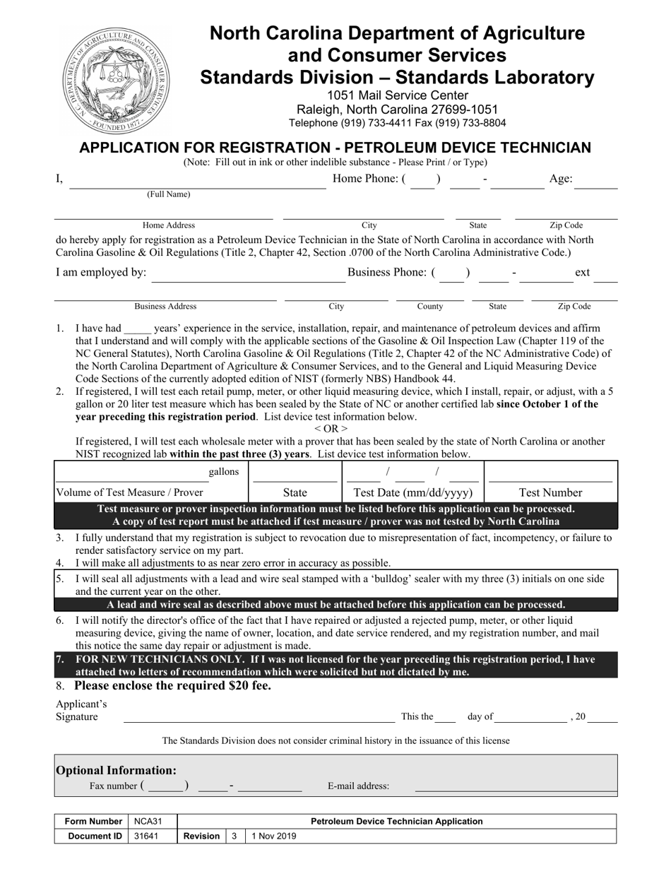 Form NCA31 Application for Registration - Petroleum Device Technician - North Carolina, Page 1