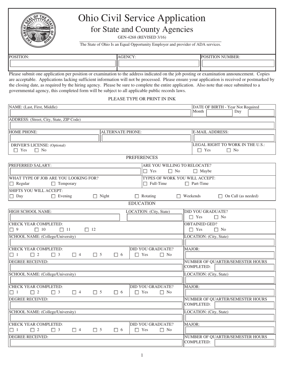 Form GEN-4268 Ohio Civil Service Application for State and County Agencies - Ohio, Page 1