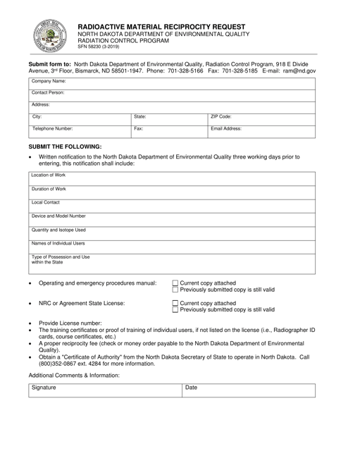 Form SFN58230 Radioactive Material Reciprocity Request - North Dakota