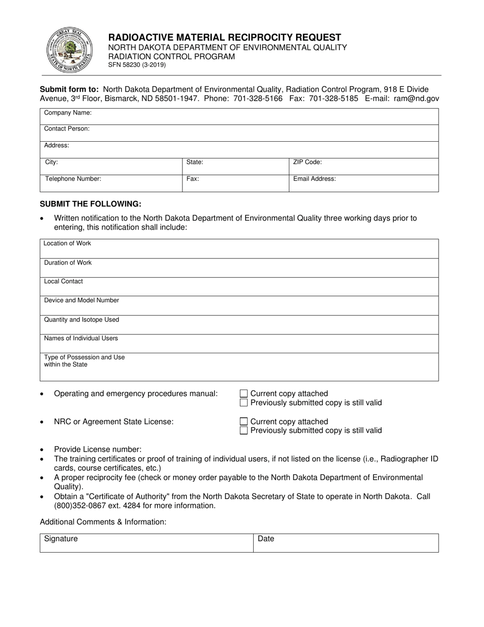 Form SFN58230 Radioactive Material Reciprocity Request - North Dakota, Page 1