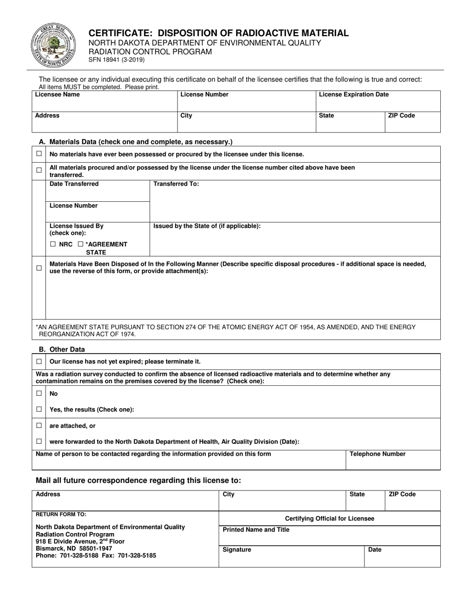 Form SFN18941 Certificate: Disposition of Radioactive Material - North Dakota, Page 1