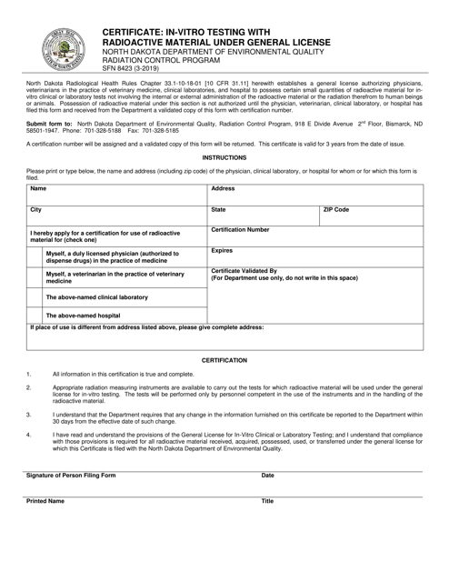 Form SFN8423 Certificate: in-Vitro Testing With Radioactive Material Under General License - North Dakota
