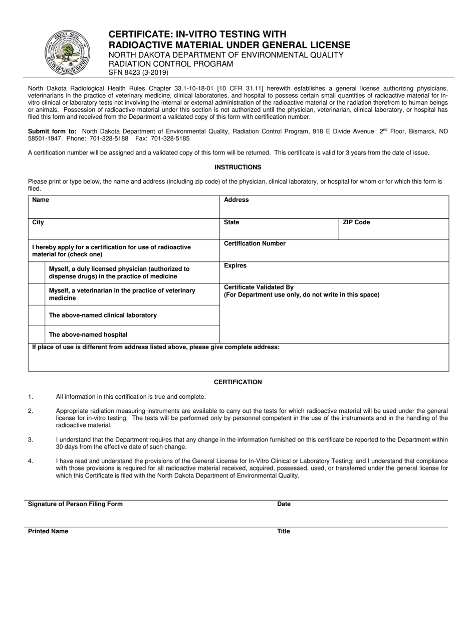 Form SFN8423 Certificate: in-Vitro Testing With Radioactive Material Under General License - North Dakota, Page 1