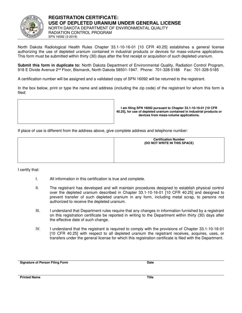 Form SFN16092 Registration Certificate: Use of Depleted Uranium Under General License - North Dakota, Page 1