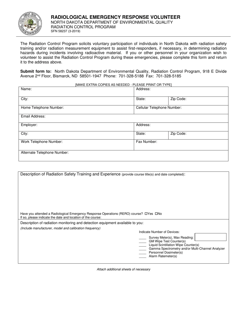Form SFN58237 Radiological Emergency Response Volunteer - North Dakota, Page 1