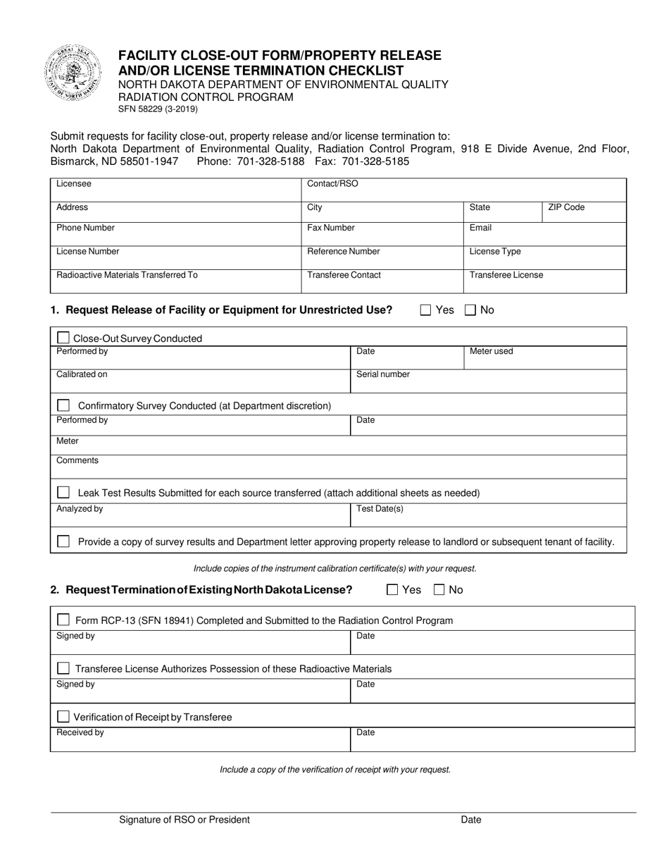 Form SFN58229 Facility Close-Out Form / Property Release and / or License Termination Checklist - North Dakota, Page 1