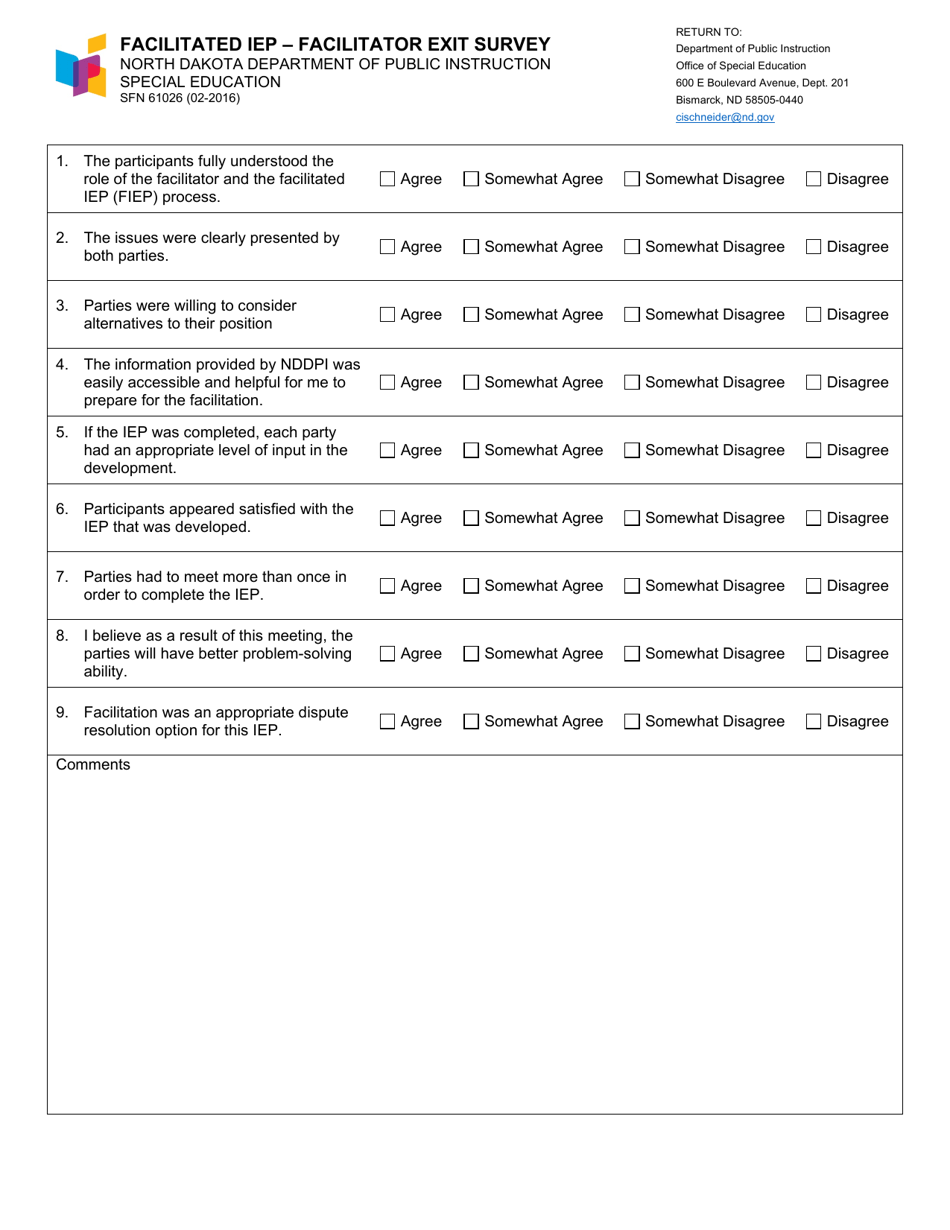 Form SFN61026 Facilitated Iep - Facilitator Exit Survey - North Dakota, Page 1