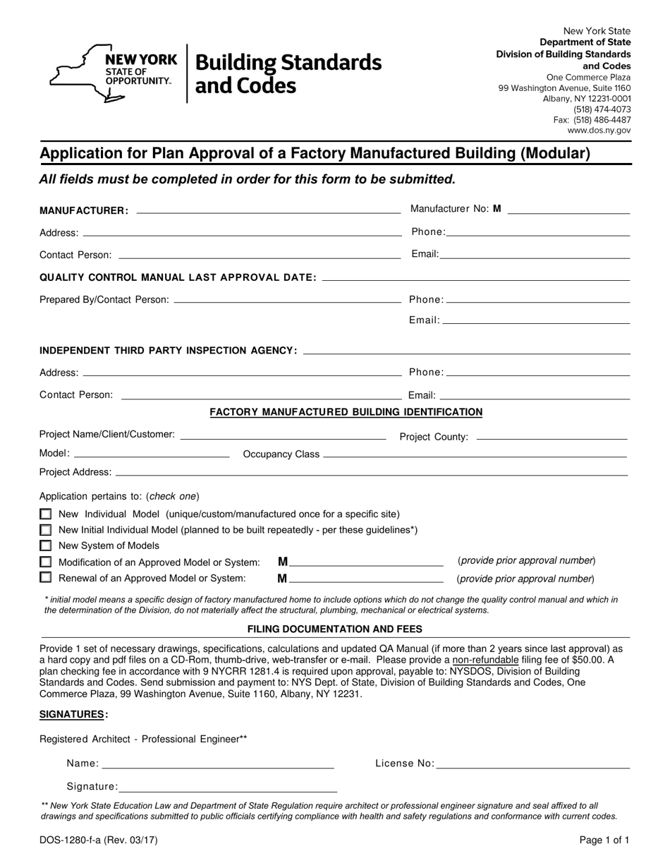 Form DOS-1280-F-A Application for Plan Approval of a Factory Manufactured Building (Modular) - New York, Page 1