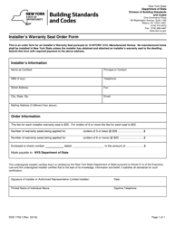Document preview: Form DOS1702-F Installer's Warranty Seal Order Form - New York
