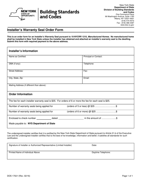 Form DOS1702-F Installer's Warranty Seal Order Form - New York