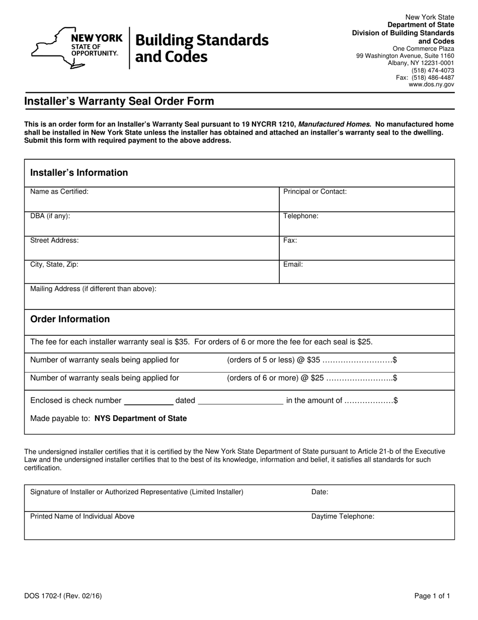 Form DOS1702-F Installers Warranty Seal Order Form - New York, Page 1