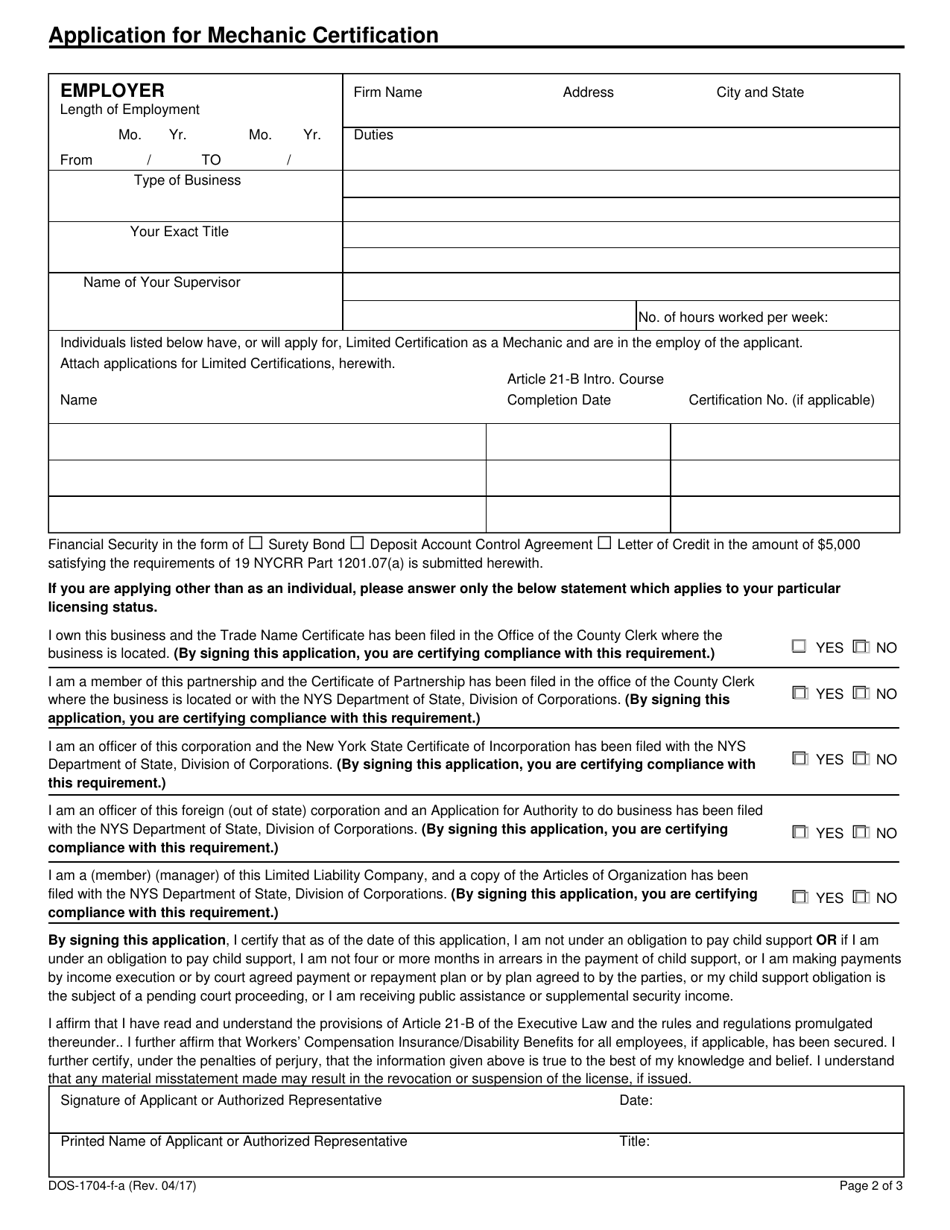 Form DOS-1704-F-A Application for Mechanic Certification - New York, Page 2