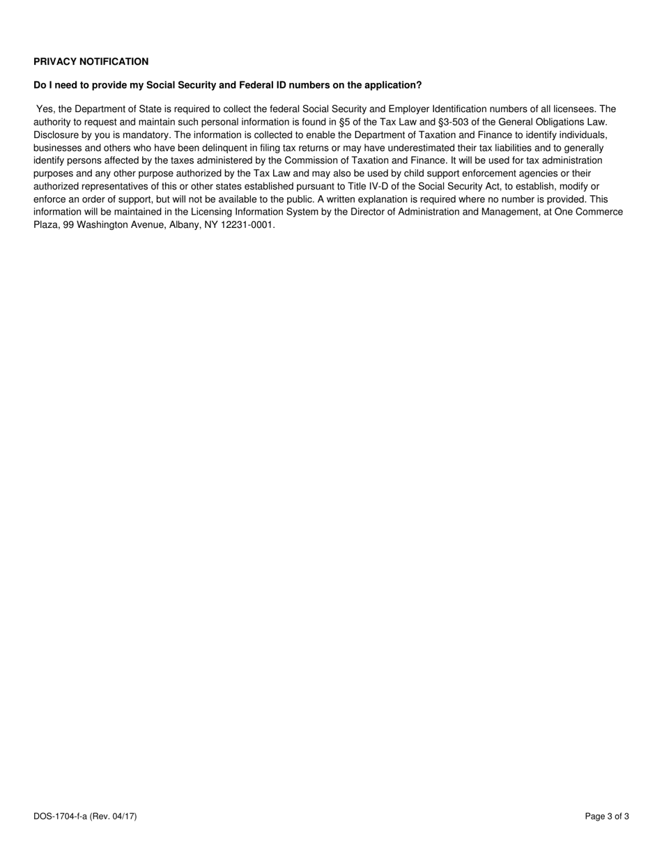 Form DOS-1704-F-A Application for Mechanic Certification - New York, Page 3