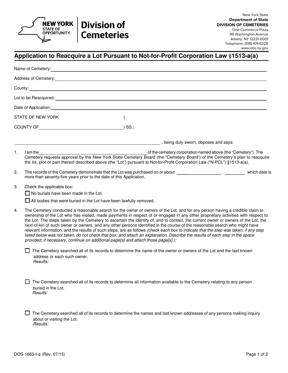 Form DOS-1663-F-A Application to Reacquire a Lot Pursuant to Not-For-Profit Corporation Law 1513-a(A) - New York, Page 1
