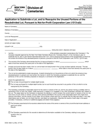 Document preview: Form DOS-1664-F-A Application to Subdivide a Lot, and to Reacquire the Unused Portions of the Resubdivided Lot, Pursuant to Not-For-Profit Corporation Law 1513-a(B) - New York