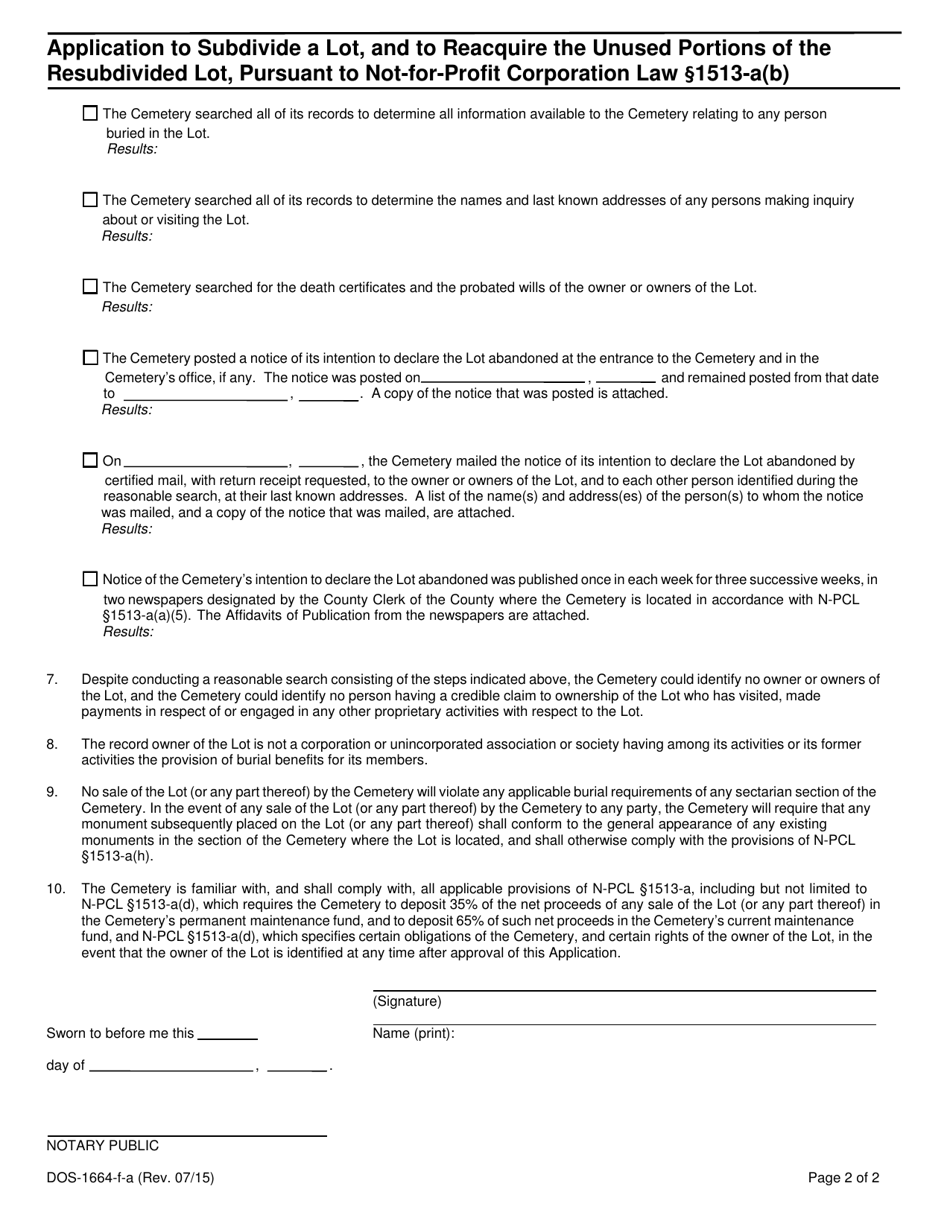 Form DOS-1664-F-A Application to Subdivide a Lot, and to Reacquire the Unused Portions of the Resubdivided Lot, Pursuant to Not-For-Profit Corporation Law 1513-a(B) - New York, Page 2