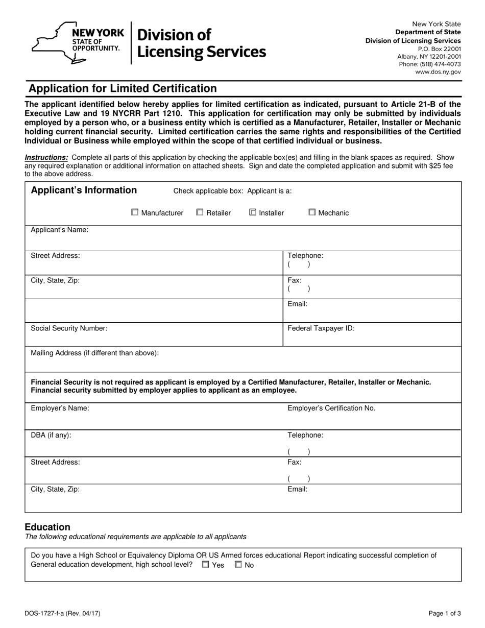 Form DOS-1727-F-A Application for Limited Certification - New York, Page 1