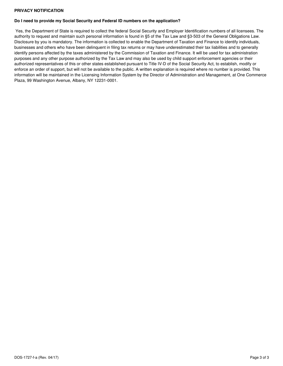 Form DOS-1727-F-A Application for Limited Certification - New York, Page 3