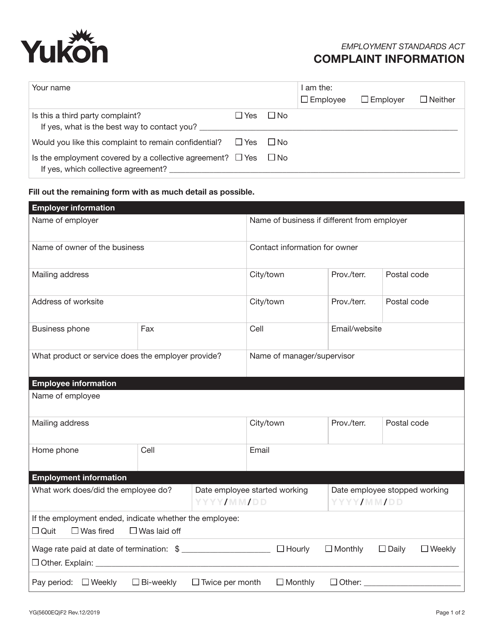 Form YG5600 Complaint Information - Yukon, Canada