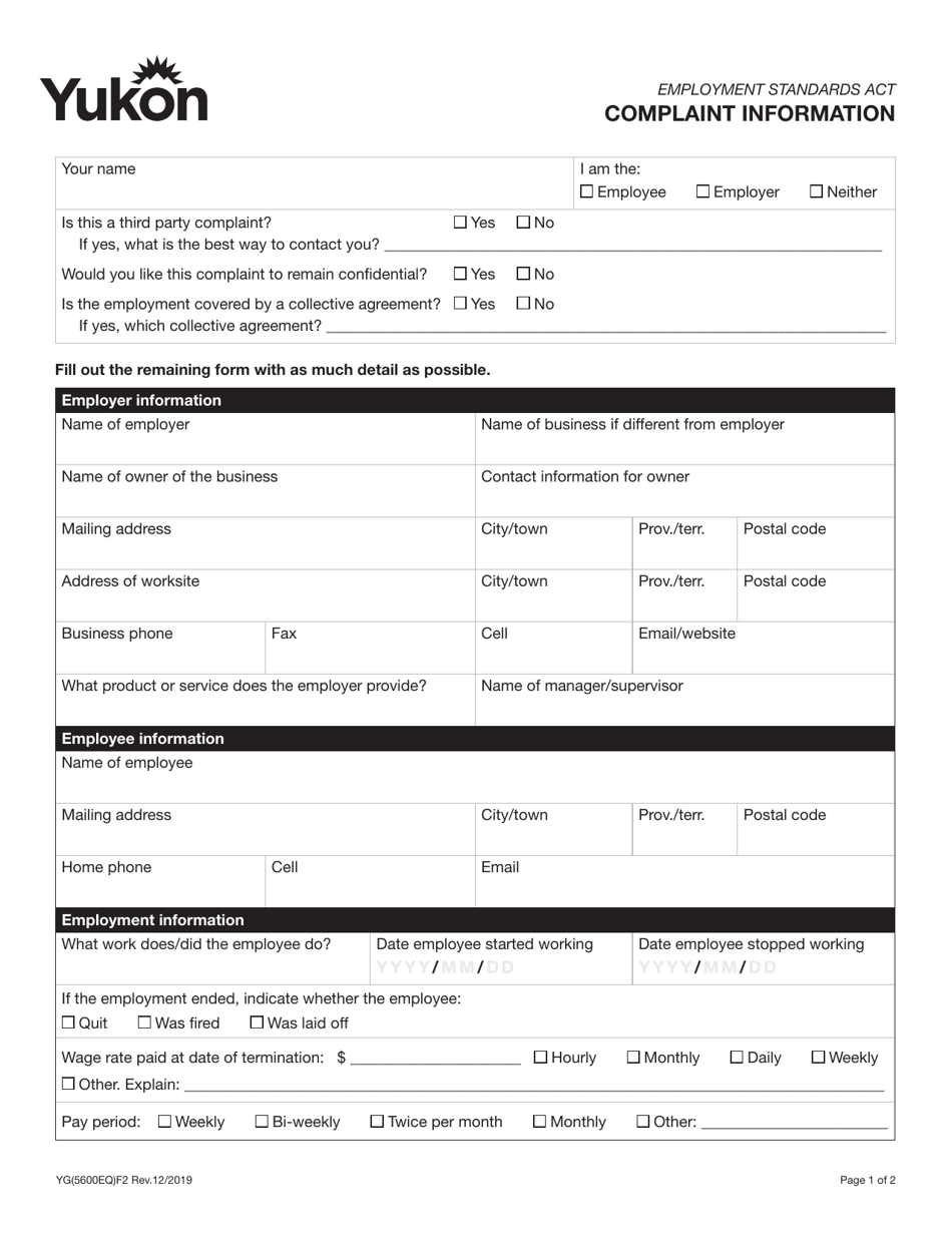 Form YG5600 Complaint Information - Yukon, Canada, Page 1