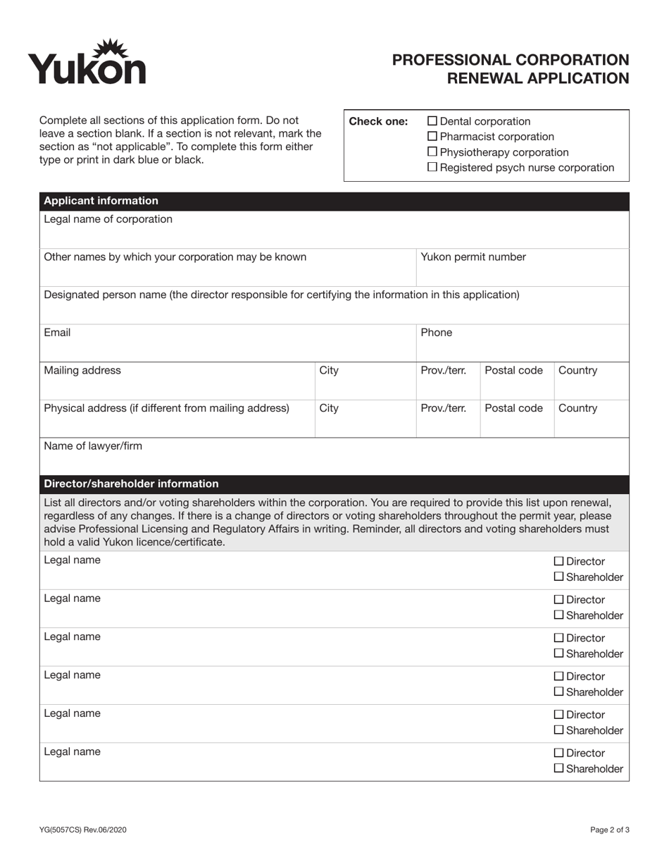 Form YG5057 Professional Corporation Renewal Application - Yukon, Canada, Page 2