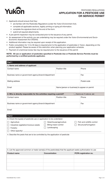 Form YG4429 Application for a Pesticide Use or Service Permit - Yukon, Canada