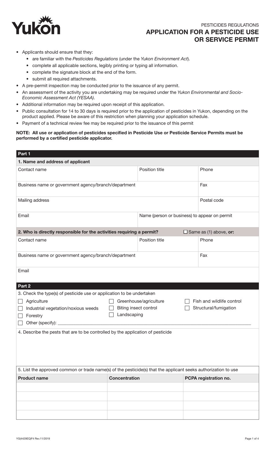 Form YG4429 Application for a Pesticide Use or Service Permit - Yukon, Canada, Page 1