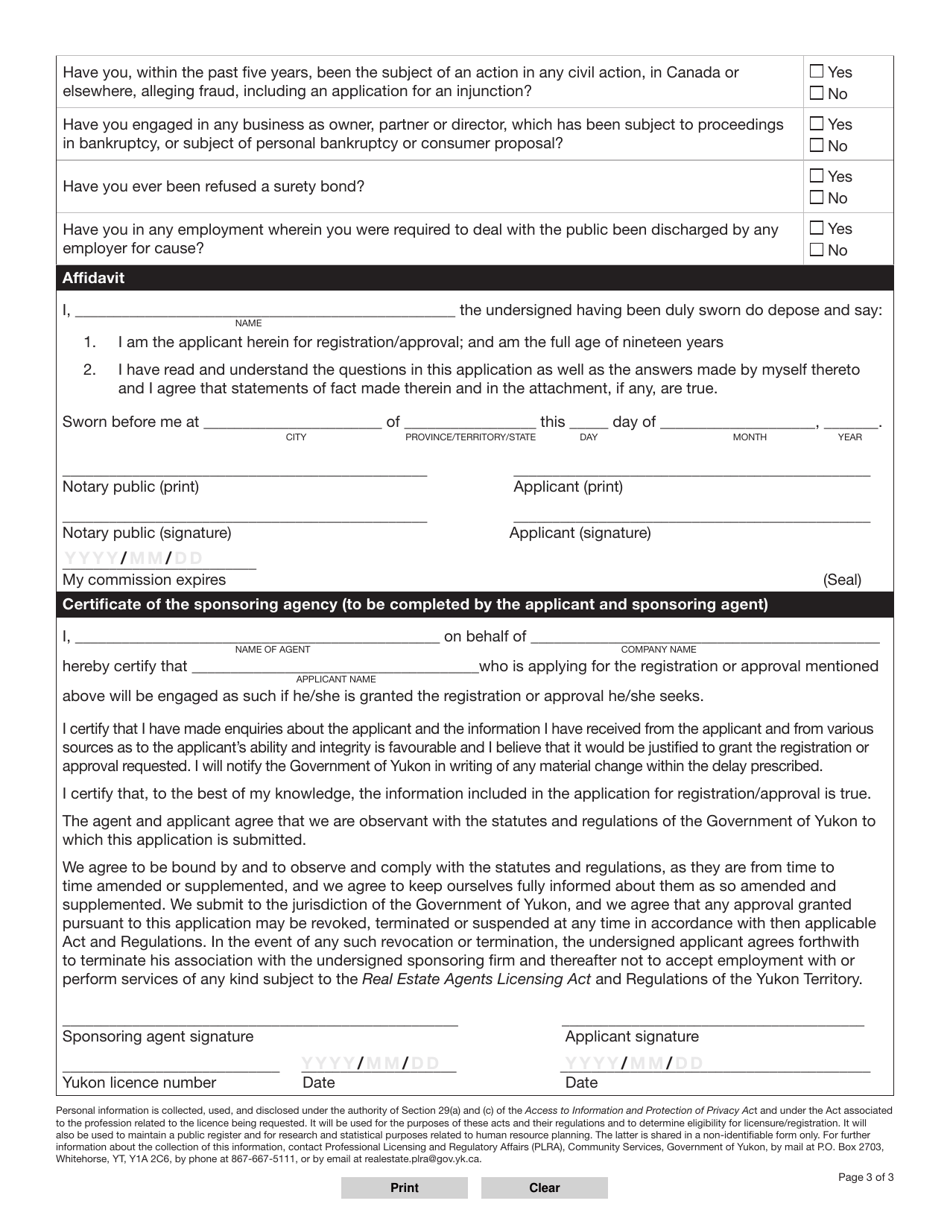 Form YG5368 Real Estate Salesperson Licence Application - Yukon, Canada, Page 4