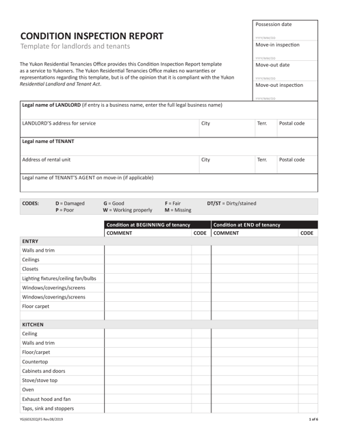 Form YG6032 Condition Inspection Report Template for Landlords and Tenants - Yukon, Canada