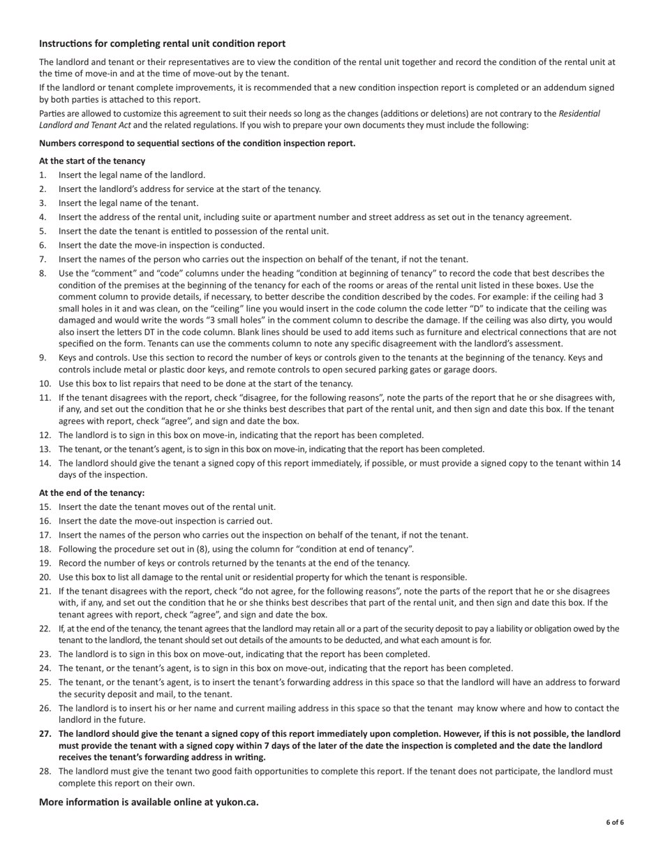 Form YG6032 Condition Inspection Report Template for Landlords and Tenants - Yukon, Canada, Page 6