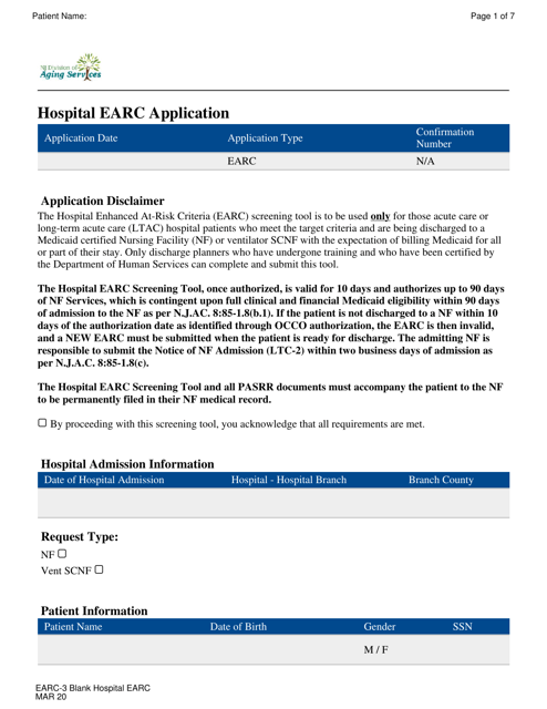Form EARC-3 Hospital Earc Application - New Jersey
