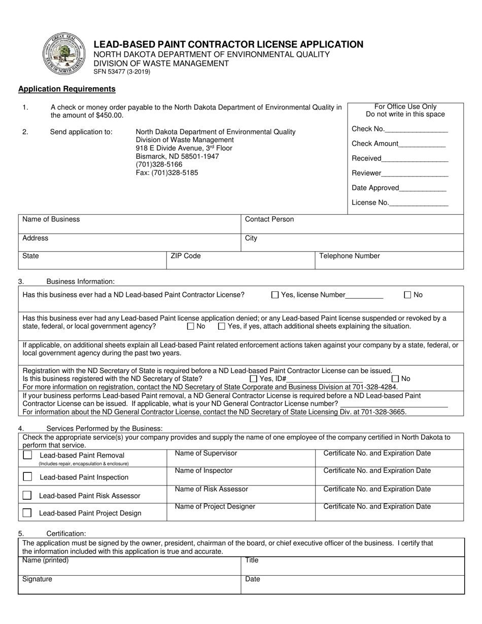 Form SFN53477 Lead-Based Paint Contractor License Application - North Dakota, Page 1