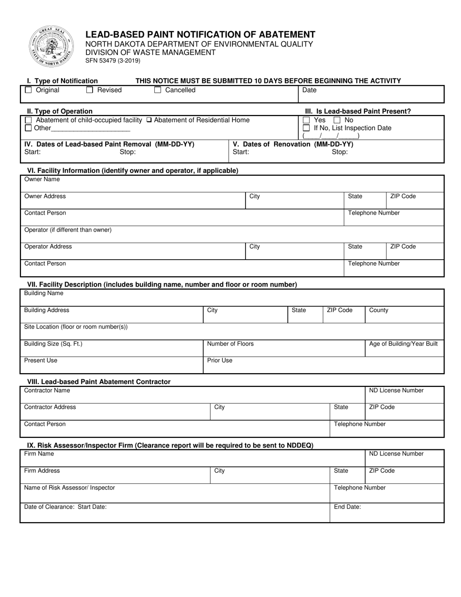 Form SFN53479 Lead-Based Paint Notification of Abatement - North Dakota, Page 1