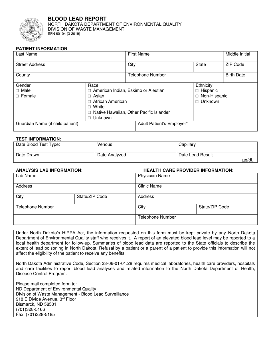 Form SFN60104 Blood Lead Report - North Dakota, Page 1
